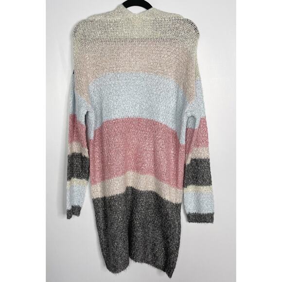 New Hem & Thread M Blue Pink Gray Colorblock Stripe Long Length Cardigan Sweater - Picture 2 of 10